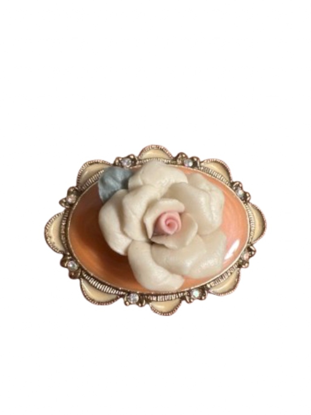 Vintage 1928 Brand Victorian Revival Peach Enamel 3D Porcelain Rose Cameo Brooch